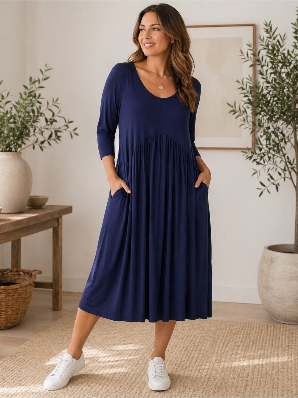 Agnes & Dora Navy Blue Round Neck 3/4 Sleeve Pleated Fit & Flare Dress Large
